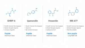 Comparison chart of GHRP-6, Ipamorelin, Hexarelin, and MK-677 research compounds