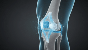 A sophisticated medical visualization of a joint (shoulder/knee) showing a glowing blue network of tendons and ligaments being repaired by luminous particles. This visually represents the "Tissue Repair" and "Regeneration" themes of the blog.