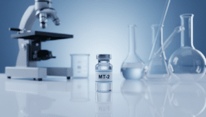 A professional laboratory setting featuring a research vial labeled MT-2 on a reflective surface, representing high-quality research peptides and pureMT2 standards.